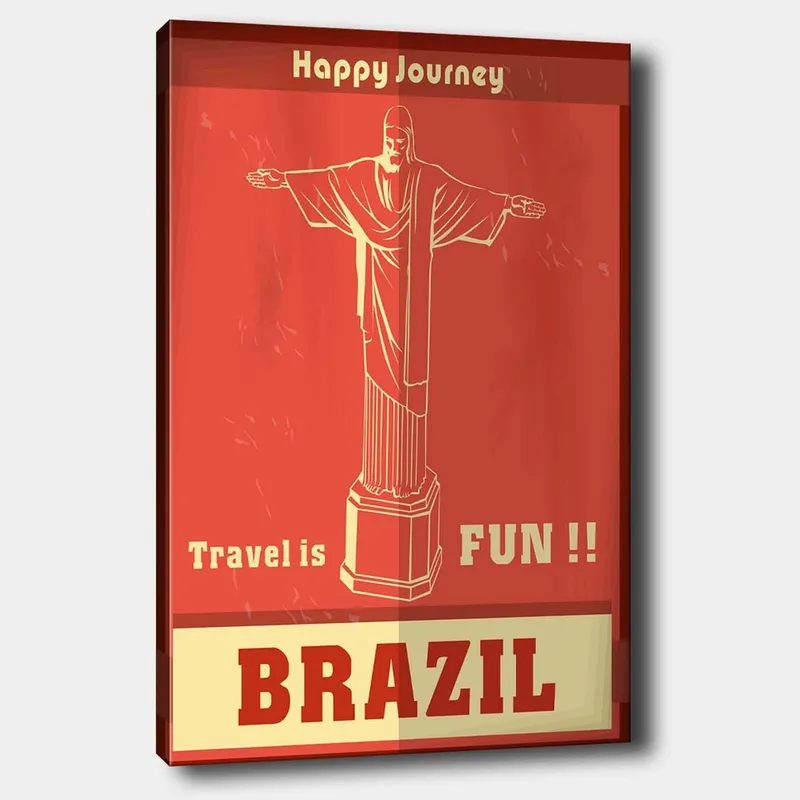 Canvas taulu 70x100 cm - Tyylitelty kuva Kristus Vapahtajan patsaasta Rio de Janeirossa iloisella matkaviestimellä, Punainen / Beige
