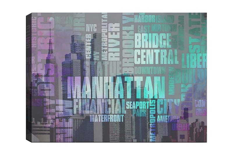 Canvas taulu 70x100 cm - Tyylitelty kuva Manhattanista, jossa keskitytään kaupungin nimeen ja ikonisiin rakennuksiin, Violetti / Turkoosi / Harmaa
