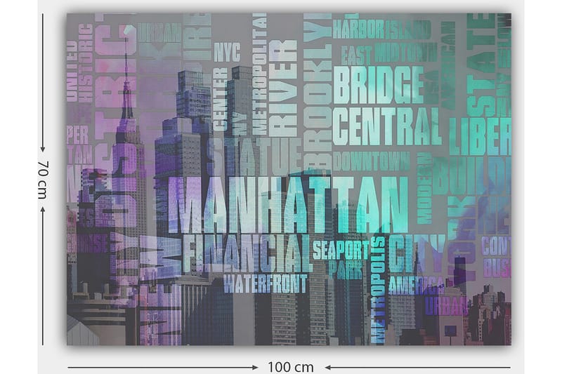 Canvas taulu 70x100 cm - Tyylitelty kuva Manhattanista, jossa keskitytään kaupungin nimeen ja ikonisiin rakennuksiin - Violetti / Turkoosi / Harmaa - Sisustustuotteet - Taulu & taide - Canvas-taulu