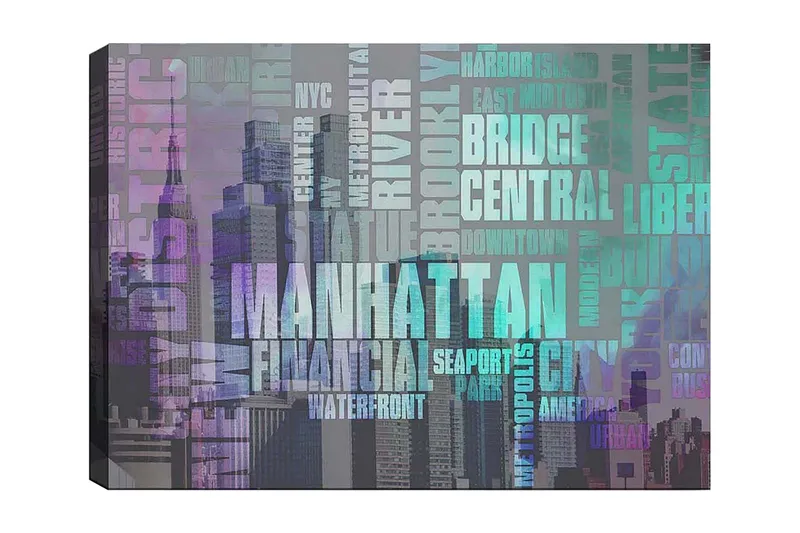 Canvas taulu 70x100 cm - Tyylitelty kuva Manhattanista, jossa keskitytään kaupungin nimeen ja ikonisiin rakennuksiin, Violetti / Turkoosi / Harmaa