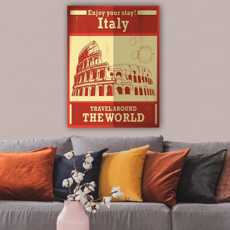 Canvas taulu 70x100 cm - Tyylitelty kuva Rooman Colosseumista punaisella ja beigellä väripaletilla - Punainen / Beige - Sisustustuotteet - Taulu & taide - Canvas-taulu