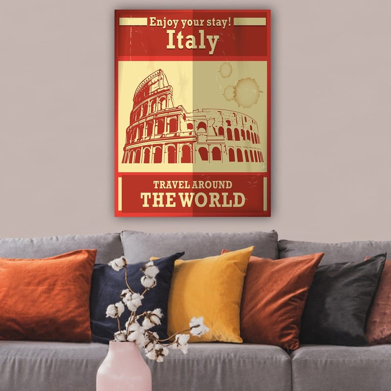 Canvas taulu 70x100 cm - Tyylitelty kuva Rooman Colosseumista punaisella ja beigellä väripaletilla - Punainen / Beige - Sisustustuotteet - Taulu & taide - Canvas-taulu