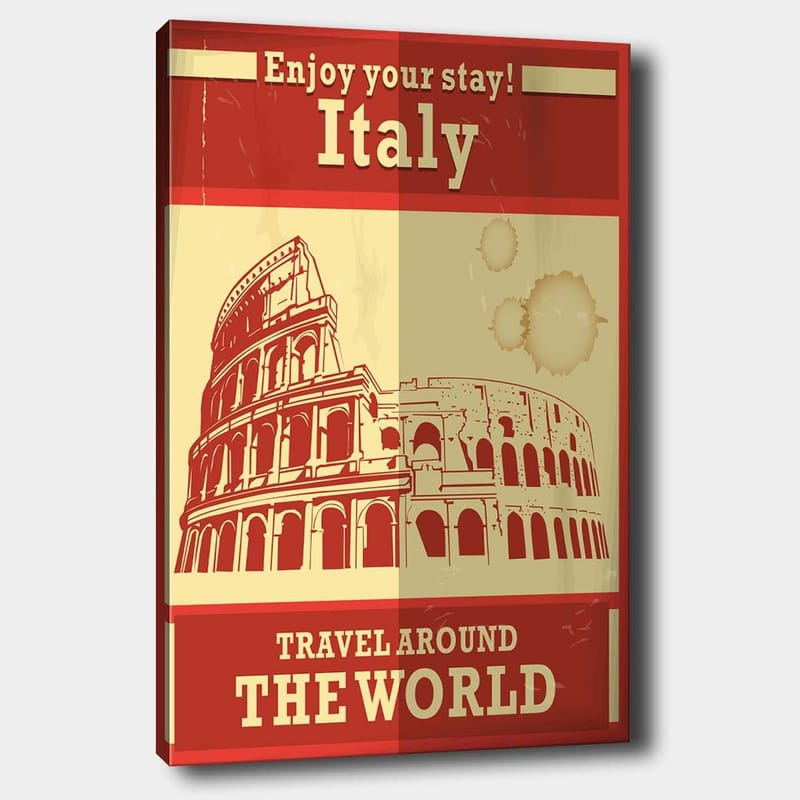 Canvas taulu 70x100 cm - Tyylitelty kuva Rooman Colosseumista punaisella ja beigellä väripaletilla, Punainen / Beige