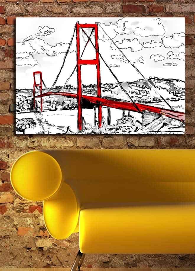 Canvas taulu 70x100 cm - Tyylitelty kuva punaisesta riippusillasta ja ympäröivästä mustavalkoisesta maisemasta - Punainen / Musta - Sisustustuotteet - Taulu & taide - Canvas-taulu