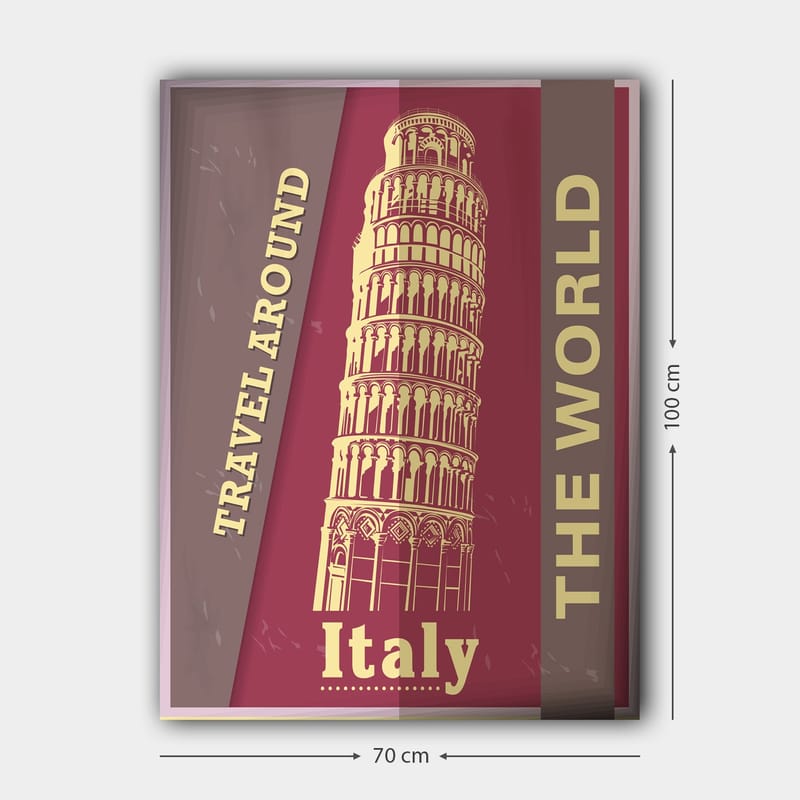 Canvas taulu 70x100 cm - Tyylitelty kuva Pisan kaltevasta tornista, jota ympäröi matkustamiseen kannustava teksti - Tummanpunainen / Beige - Sisustustuotteet - Taulu & taide - Canvas-taulu