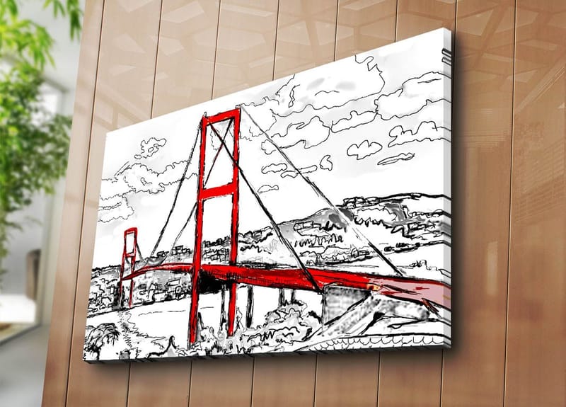 Canvas taulu 70x100 cm - Tyylitelty kuva punaisesta riippusillasta ja ympäröivästä mustavalkoisesta maisemasta - Punainen / Musta - Sisustustuotteet - Taulu & taide - Canvas-taulu