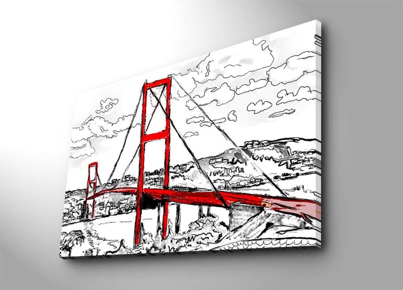 Canvas taulu 70x100 cm - Tyylitelty kuva punaisesta riippusillasta ja ympäröivästä mustavalkoisesta maisemasta, Punainen / Musta