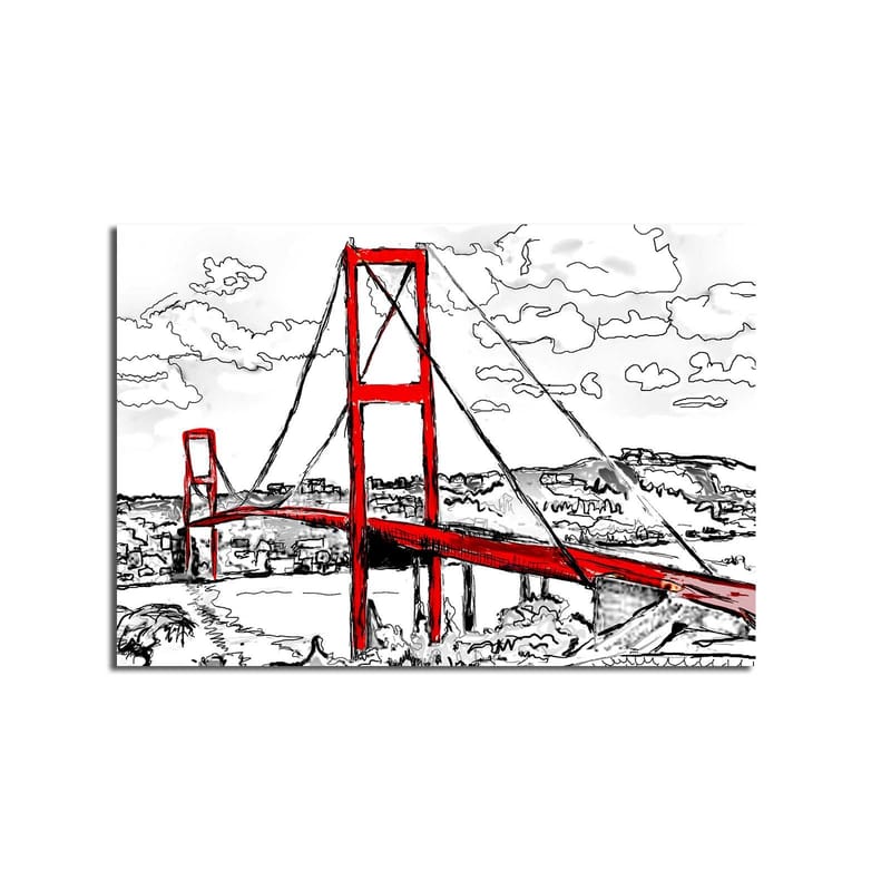 Canvas taulu 70x100 cm - Tyylitelty kuva punaisesta riippusillasta ja ympäröivästä mustavalkoisesta maisemasta - Punainen / Musta - Sisustustuotteet - Taulu & taide - Canvas-taulu