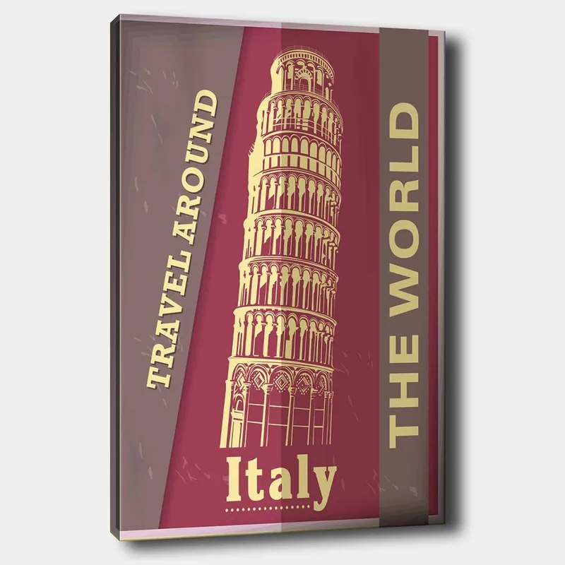 Canvas taulu 70x100 cm - Tyylitelty kuva Pisan kaltevasta tornista, jota ympäröi matkustamiseen kannustava teksti, Tummanpunainen / Beige