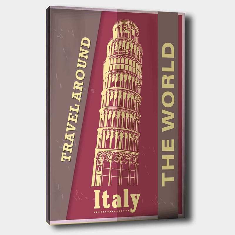 Canvas taulu 70x100 cm - Tyylitelty kuva Pisan kaltevasta tornista, jota ympäröi matkustamiseen kannustava teksti, Tummanpunainen / Beige