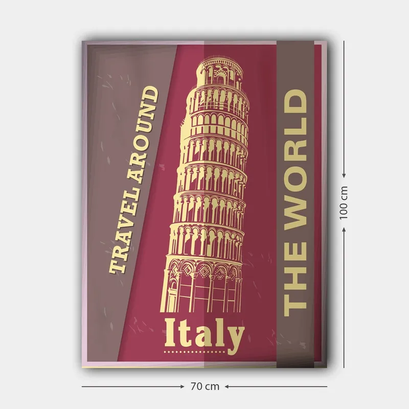 Canvas taulu 70x100 cm - Tyylitelty kuva Pisan kaltevasta tornista, jota ympäröi matkustamiseen kannustava teksti - Tummanpunainen / Beige - Sisustustuotteet - Taulu & taide - Canvas-taulu