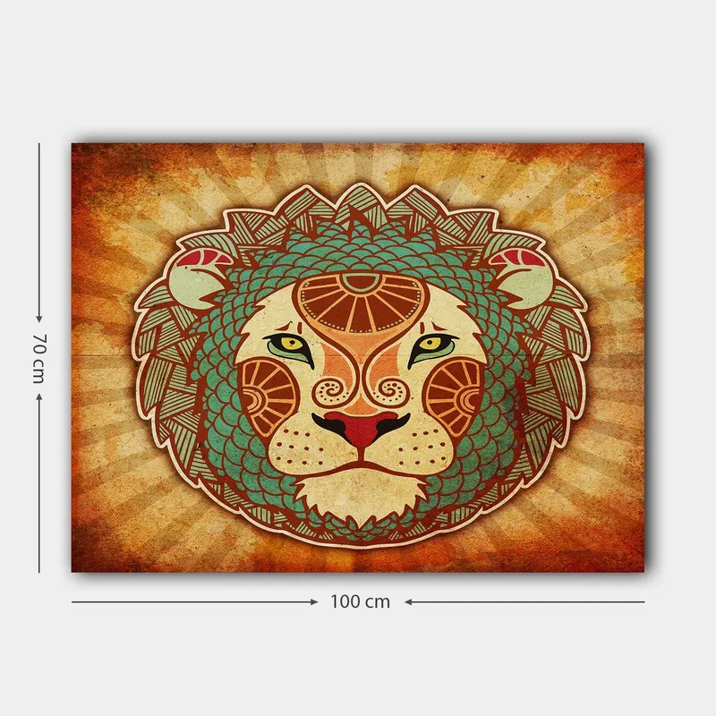 Canvas taulu 70x100 cm - Tyylitelty leijonanpää koristeellisilla yksityiskohdilla - Oranssi / Vihreä / Beige - Sisustustuotteet - Taulu & taide - Canvas-taulu