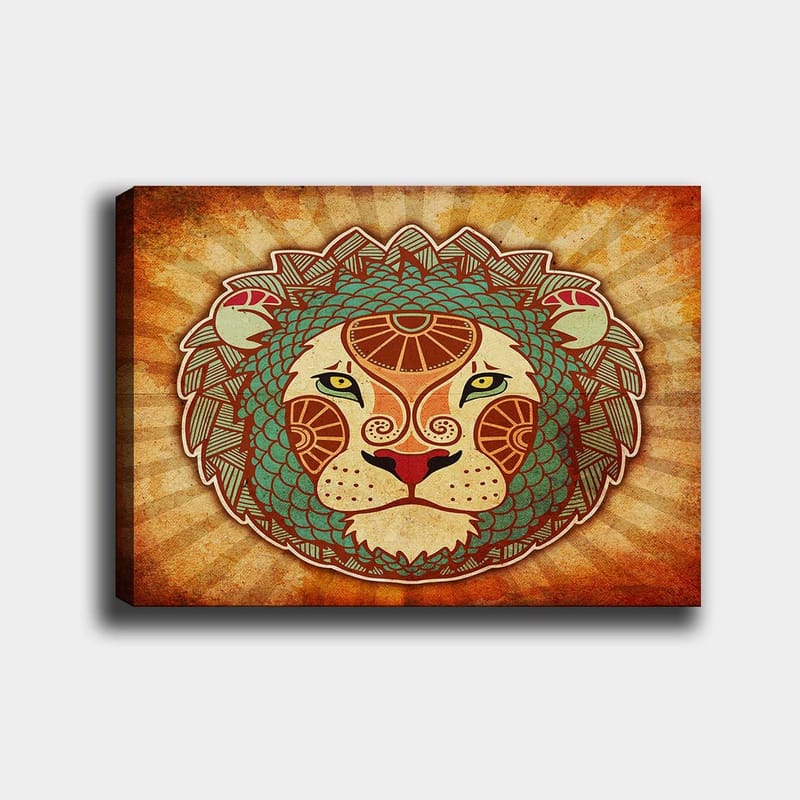 Canvas taulu 70x100 cm - Tyylitelty leijonanpää koristeellisilla yksityiskohdilla, Oranssi / Vihreä / Beige