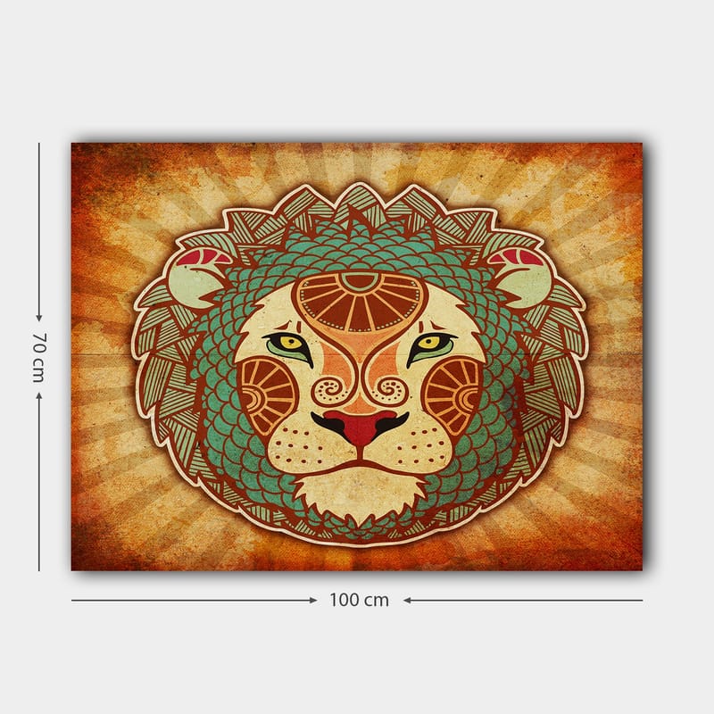 Canvas taulu 70x100 cm - Tyylitelty leijonanpää koristeellisilla yksityiskohdilla - Oranssi / Vihreä / Beige - Sisustustuotteet - Taulu & taide - Canvas-taulu