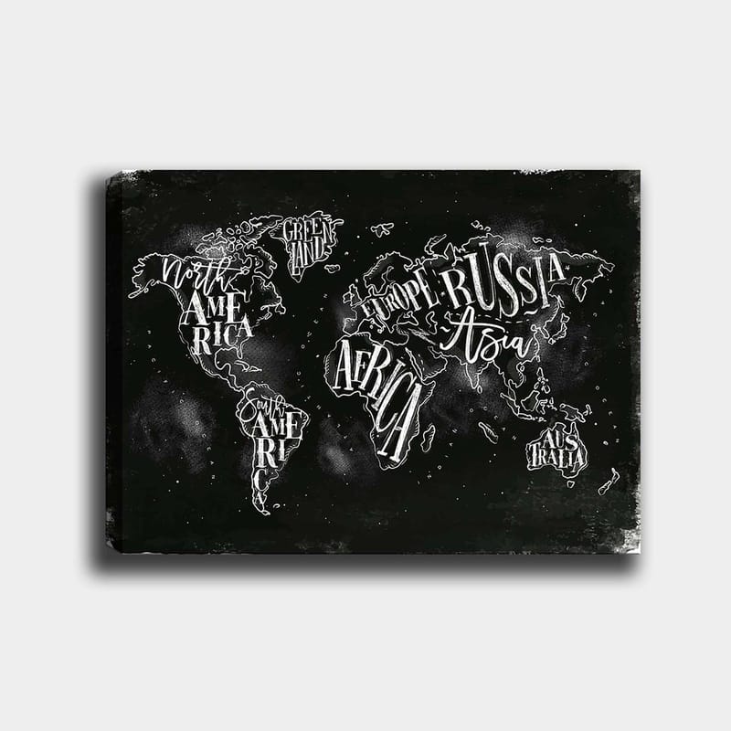 Canvas taulu 70x100 cm - Tyylitelty maailmankartta, jossa maantieteelliset nimet valkoisella tekstillä mustalla taustalla, Musta / Valkoinen