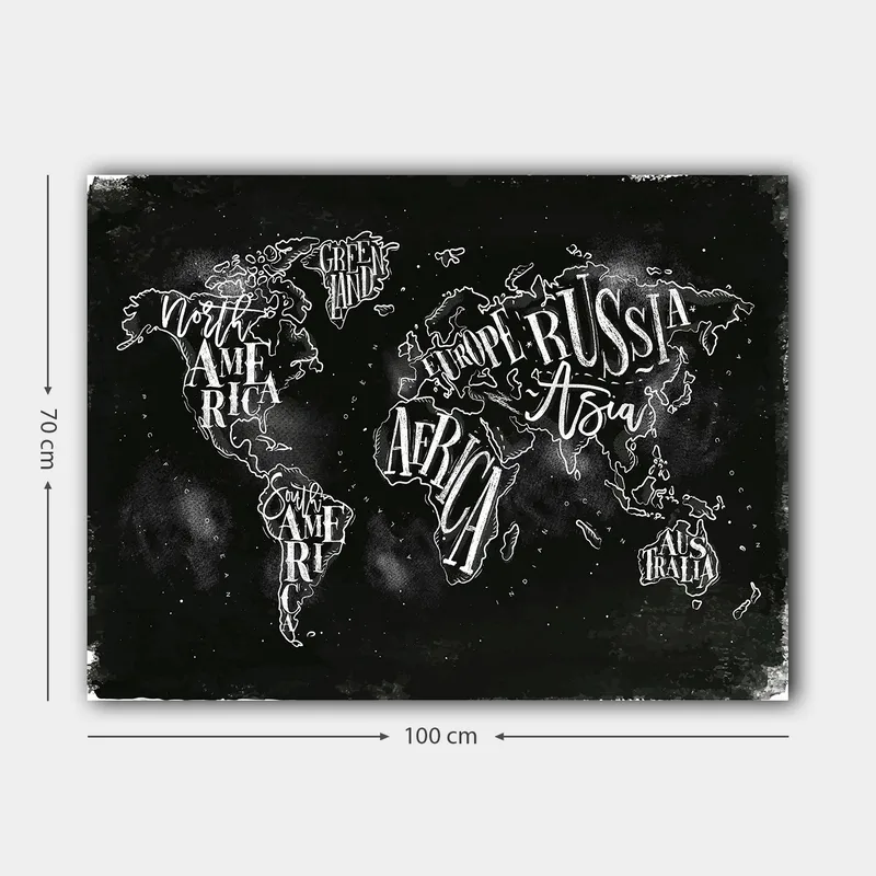 Canvas taulu 70x100 cm - Tyylitelty maailmankartta, jossa maantieteelliset nimet valkoisella tekstillä mustalla taustalla - Musta / Valkoinen - Sisustustuotteet - Taulu & taide - Canvas-taulu