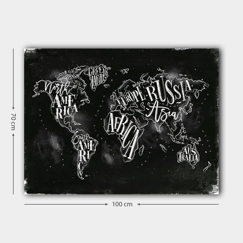 Canvas taulu 70x100 cm - Tyylitelty maailmankartta, jossa maantieteelliset nimet valkoisella tekstillä mustalla taustalla - Musta / Valkoinen - Sisustustuotteet - Taulu & taide - Canvas-taulu