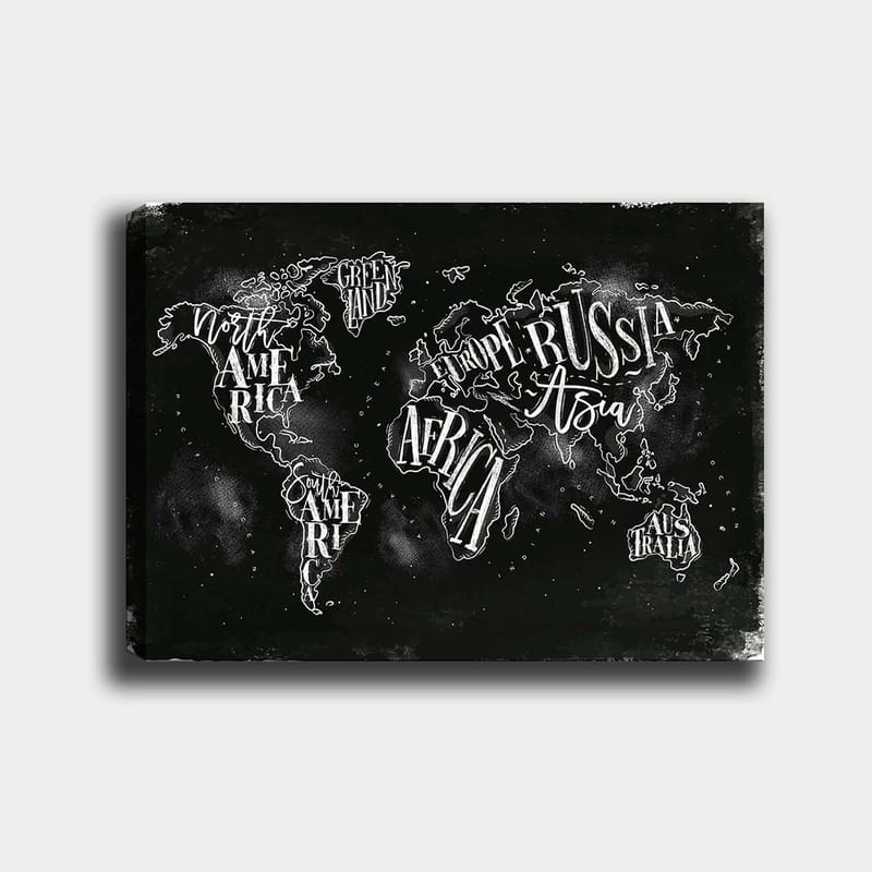 Canvas taulu 70x100 cm - Tyylitelty maailmankartta, jossa maantieteelliset nimet valkoisella tekstillä mustalla taustalla, Musta / Valkoinen