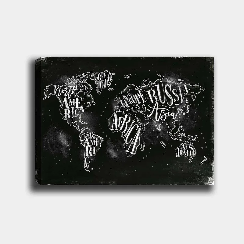 Canvas taulu 70x100 cm - Tyylitelty maailmankartta, jossa maantieteelliset nimet valkoisella tekstillä mustalla taustalla, Musta / Valkoinen