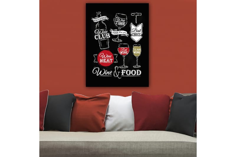 Canvas taulu 70x100 cm - Tyylitelty maalaus viini-, lasi- ja ruoka-aiheisilla teksteillä - Punainen / Valkoinen / Musta - Sisustustuotteet - Taulu & taide - Canvas-taulu