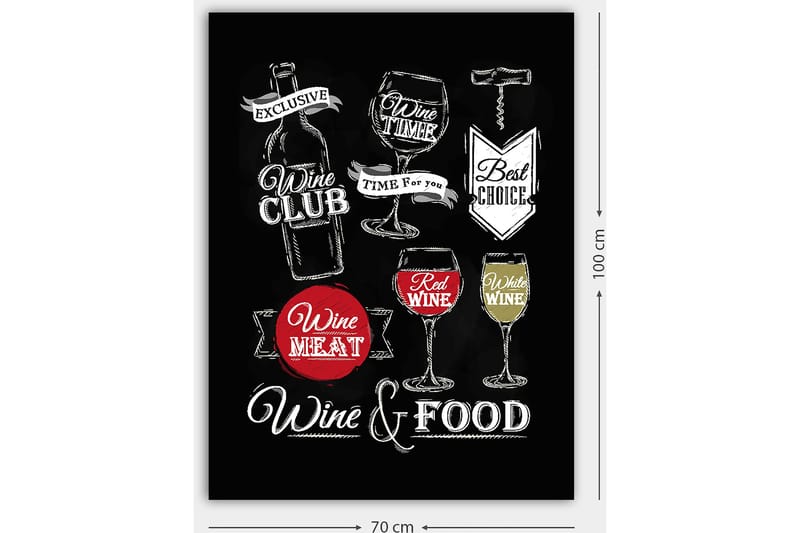Canvas taulu 70x100 cm - Tyylitelty maalaus viini-, lasi- ja ruoka-aiheisilla teksteillä - Punainen / Valkoinen / Musta - Sisustustuotteet - Taulu & taide - Canvas-taulu