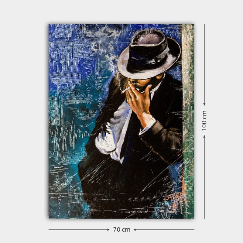 Canvas taulu 70x100 cm - Tyylitelty mies puvussa polttamassa savuketta, mysteerin ja eleganssin tuntuinen - Tummansininen / Musta / Valkoinen - Sisustustuotteet - Taulu & taide - Canvas-taulu