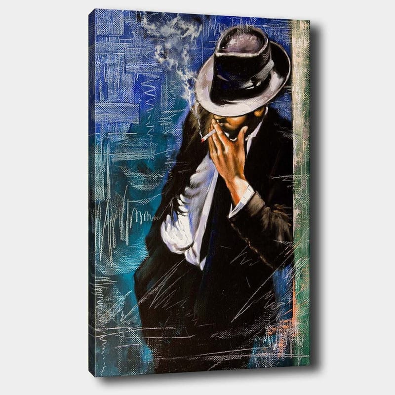 Canvas taulu 70x100 cm - Tyylitelty mies puvussa polttamassa savuketta, mysteerin ja eleganssin tuntuinen, Tummansininen / Musta / Valkoinen