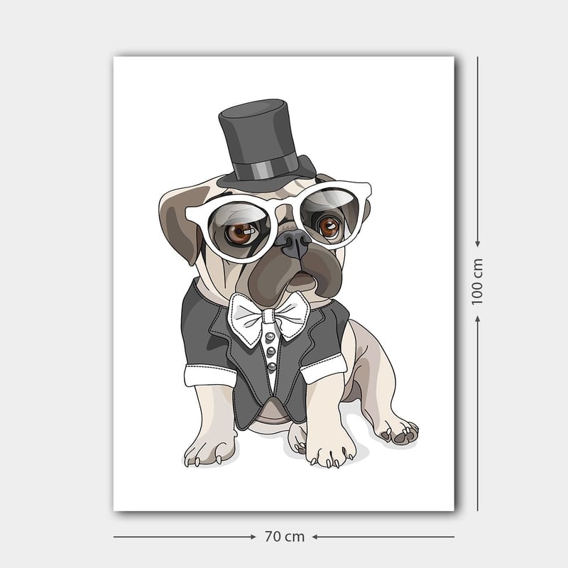 Canvas taulu 70x100 cm - Tyylitelty mopsi frakkiin ja hattuun pukeutuneena, suuret silmälasit - Beige / Musta / Valkoinen - Sisustustuotteet - Taulu & taide - Canvas-taulu