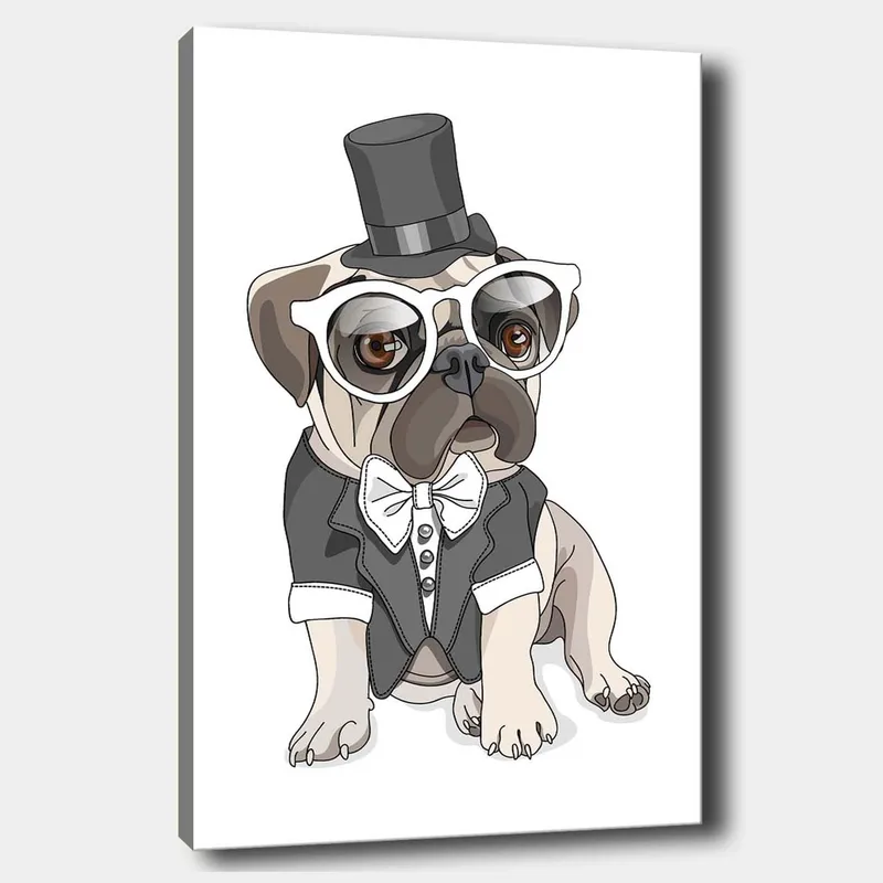 Canvas taulu 70x100 cm - Tyylitelty mopsi frakkiin ja hattuun pukeutuneena, suuret silmälasit, Beige / Musta / Valkoinen