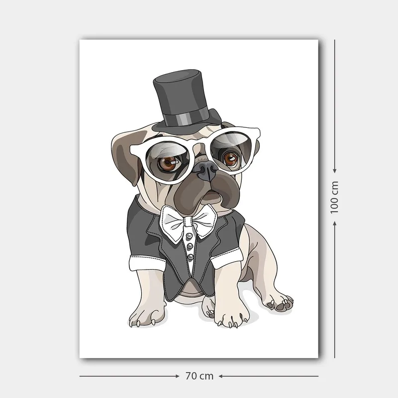 Canvas taulu 70x100 cm - Tyylitelty mopsi frakkiin ja hattuun pukeutuneena, suuret silmälasit - Beige / Musta / Valkoinen - Sisustustuotteet - Taulu & taide - Canvas-taulu