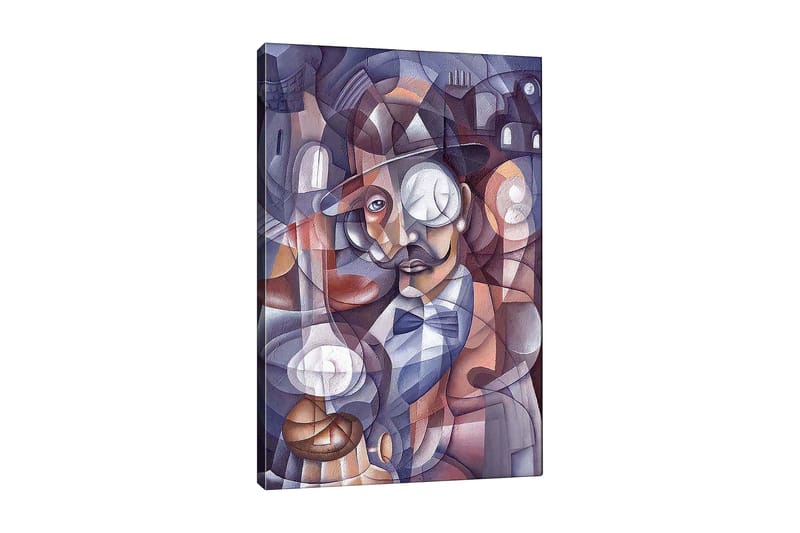 Canvas taulu 70x100 cm - Tyylitelty muotokuva miehestä hattu päässään ja monokkeli päässään, abstraktien muotojen ja valonlähteiden ympäröimänä - Tummansininen / Beige / Burgundi - Sisustustuotteet - Taulu & taide - Canvas-taulu