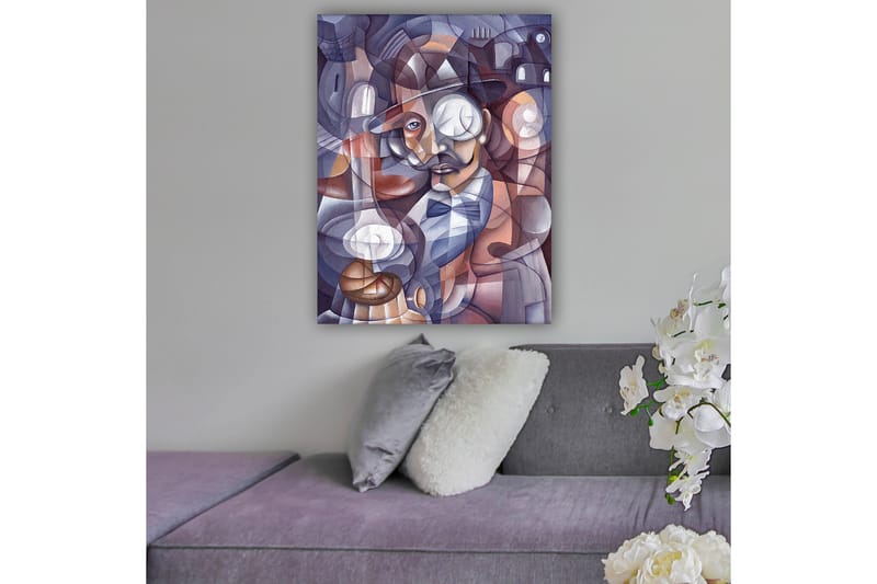 Canvas taulu 70x100 cm - Tyylitelty muotokuva miehestä hattu päässään ja monokkeli päässään, abstraktien muotojen ja valonlähteiden ympäröimänä - Tummansininen / Beige / Burgundi - Sisustustuotteet - Taulu & taide - Canvas-taulu
