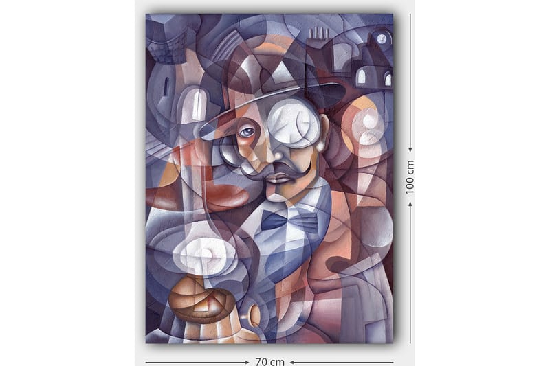 Canvas taulu 70x100 cm - Tyylitelty muotokuva miehestä hattu päässään ja monokkeli päässään, abstraktien muotojen ja valonlähteiden ympäröimänä - Tummansininen / Beige / Burgundi - Sisustustuotteet - Taulu & taide - Canvas-taulu