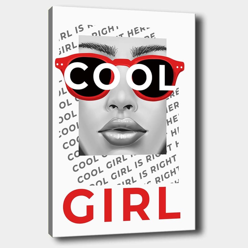 Canvas taulu 70x100 cm - Tyylitelty muotokuva naisesta, jolla on upeat aurinkolasit, Punainen / Musta / Harmaa