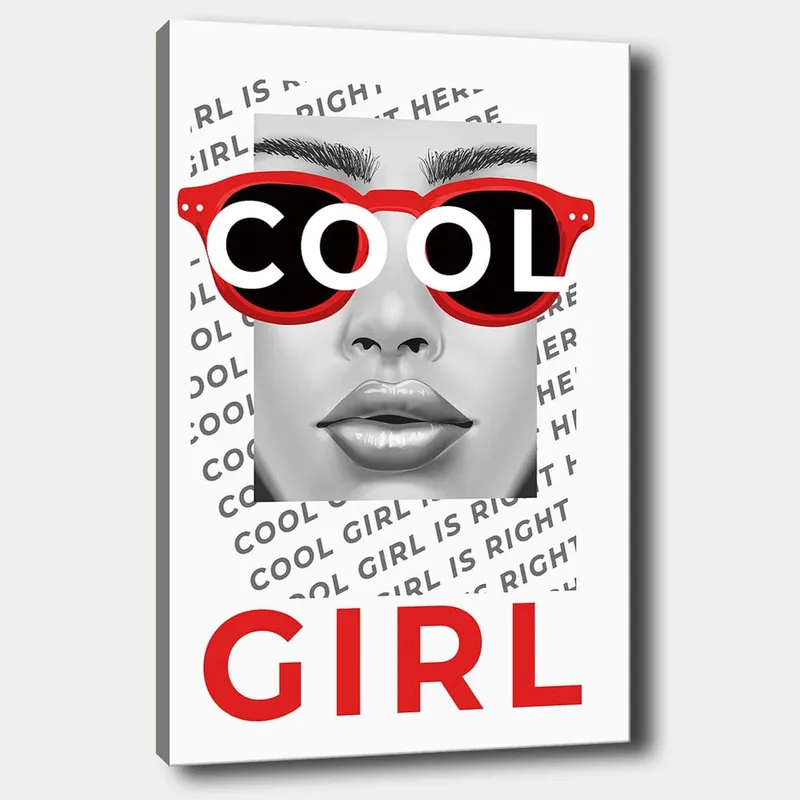 Canvas taulu 70x100 cm - Tyylitelty muotokuva naisesta, jolla on upeat aurinkolasit, Punainen / Musta / Harmaa
