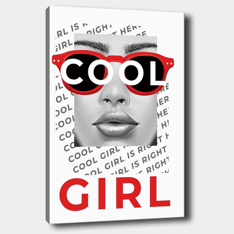 Canvas taulu 70x100 cm - Tyylitelty muotokuva naisesta, jolla on upeat aurinkolasit, Punainen / Musta / Harmaa