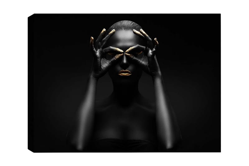 Canvas taulu 70x100 cm - Tyylitelty muotokuva naisesta, jonka mustat kädet muodostavat silmäparin, kultaisilla yksityiskohdilla huulissa ja sormenpäissä - Musta / Kulta - Sisustustuotteet - Taulu & taide - Canvas-taulu