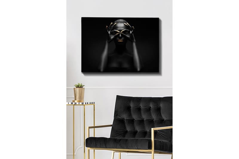 Canvas taulu 70x100 cm - Tyylitelty muotokuva naisesta, jonka mustat kädet muodostavat silmäparin, kultaisilla yksityiskohdilla huulissa ja sormenpäissä - Musta / Kulta - Sisustustuotteet - Taulu & taide - Canvas-taulu