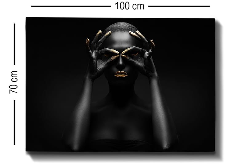 Canvas taulu 70x100 cm - Tyylitelty muotokuva naisesta, jonka mustat kädet muodostavat silmäparin, kultaisilla yksityiskohdilla huulissa ja sormenpäissä - Musta / Kulta - Sisustustuotteet - Taulu & taide - Canvas-taulu