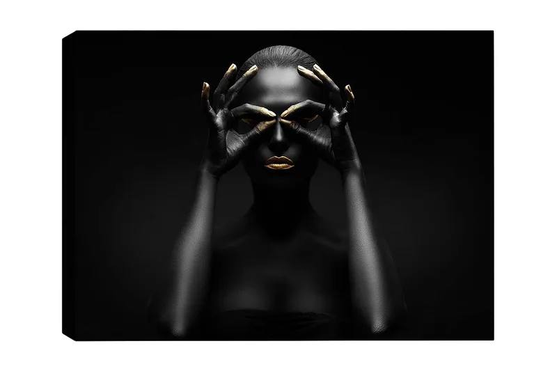 Canvas taulu 70x100 cm - Tyylitelty muotokuva naisesta, jonka mustat kädet muodostavat silmäparin, kultaisilla yksityiskohdilla huulissa ja sormenpäissä, Musta / Kulta