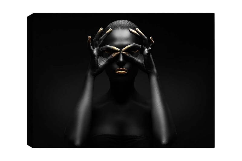 Canvas taulu 70x100 cm - Tyylitelty muotokuva naisesta, jonka mustat kädet muodostavat silmäparin, kultaisilla yksityiskohdilla huulissa ja sormenpäissä, Musta / Kulta