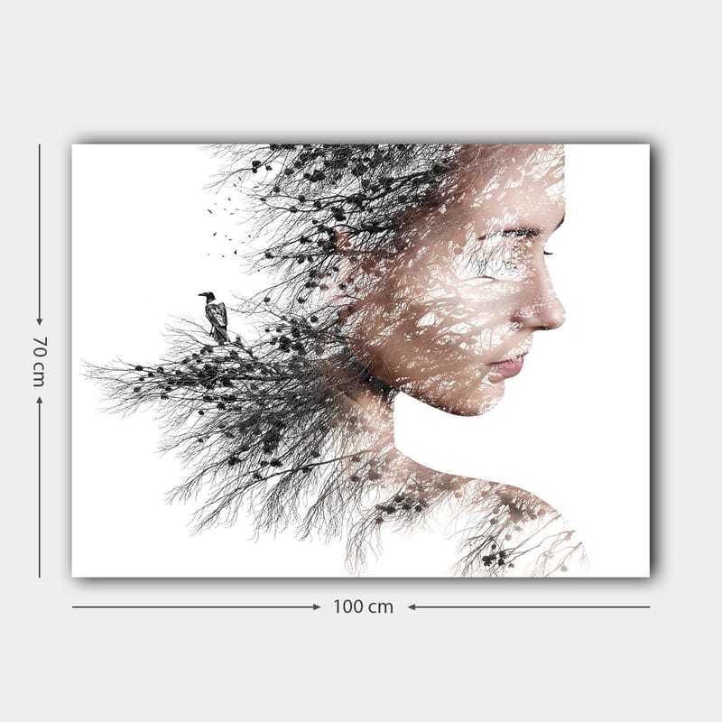 Canvas taulu 70x100 cm - Tyylitelty muotokuva naisesta, jonka siluetissa on puita ja lintuja - Musta / Harmaa / Ruskea - Sisustustuotteet - Taulu & taide - Canvas-taulu