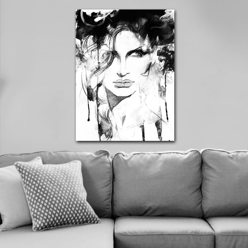 Canvas taulu 70x100 cm - Tyylitelty muotokuva naisesta dramaattisine linjoineen ja savuisine elementteineen - Musta / Valkoinen / Harmaa - Sisustustuotteet - Taulu & taide - Canvas-taulu