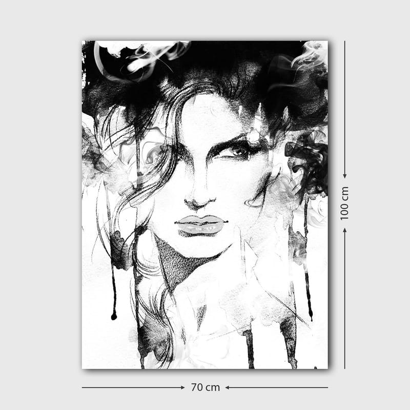Canvas taulu 70x100 cm - Tyylitelty muotokuva naisesta dramaattisine linjoineen ja savuisine elementteineen - Musta / Valkoinen / Harmaa - Sisustustuotteet - Taulu & taide - Canvas-taulu