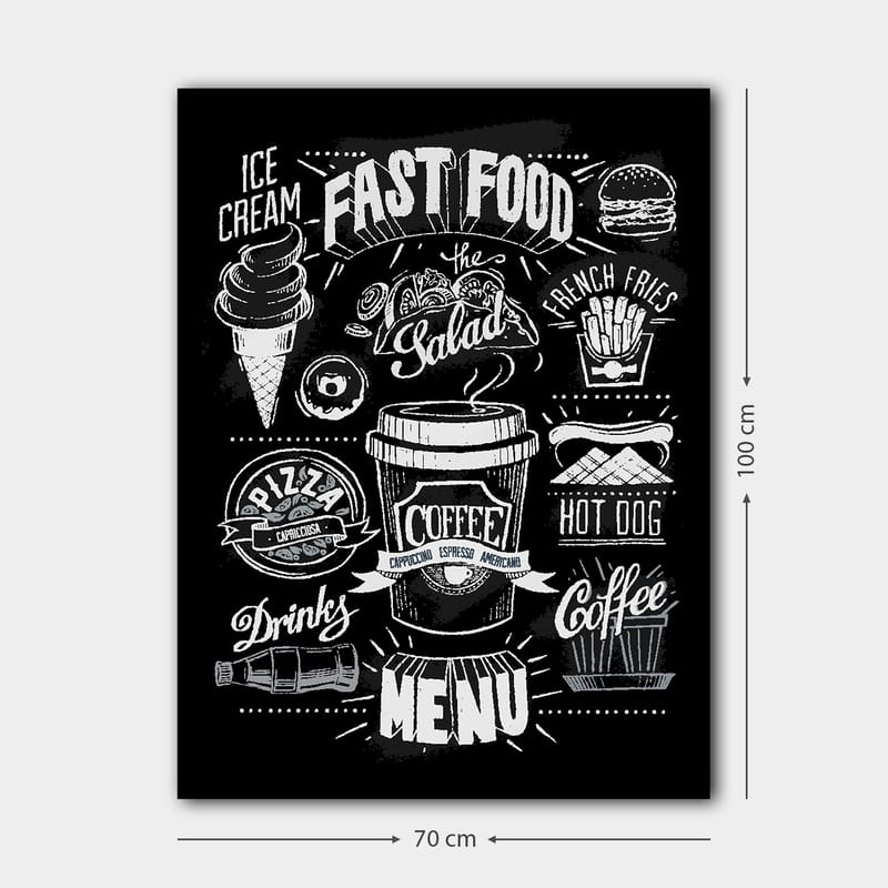 Canvas taulu 70x100 cm - Tyylitelty mustavalkoinen ruokalista, jossa on erilaisia pikaruokaruokia ja juomia - Musta / Valkoinen / Harmaa - Sisustustuotteet - Taulu & taide - Canvas-taulu