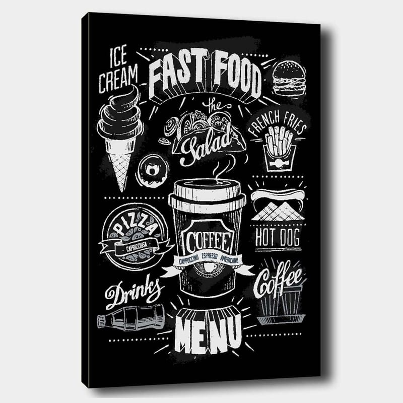 Canvas taulu 70x100 cm - Tyylitelty mustavalkoinen ruokalista, jossa on erilaisia pikaruokaruokia ja juomia, Musta / Valkoinen / Harmaa