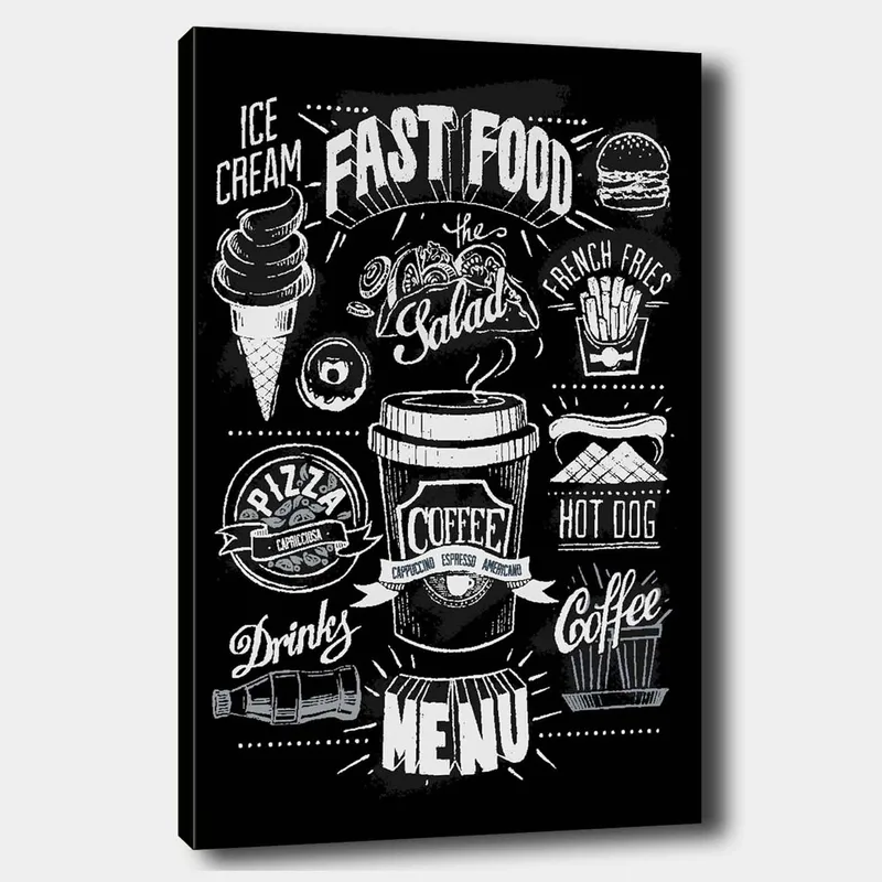 Canvas taulu 70x100 cm - Tyylitelty mustavalkoinen ruokalista, jossa on erilaisia pikaruokaruokia ja juomia, Musta / Valkoinen / Harmaa