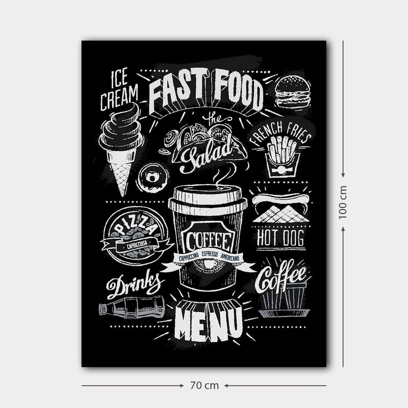 Canvas taulu 70x100 cm - Tyylitelty mustavalkoinen ruokalista, jossa on erilaisia pikaruokaruokia ja juomia - Musta / Valkoinen / Harmaa - Sisustustuotteet - Taulu & taide - Canvas-taulu