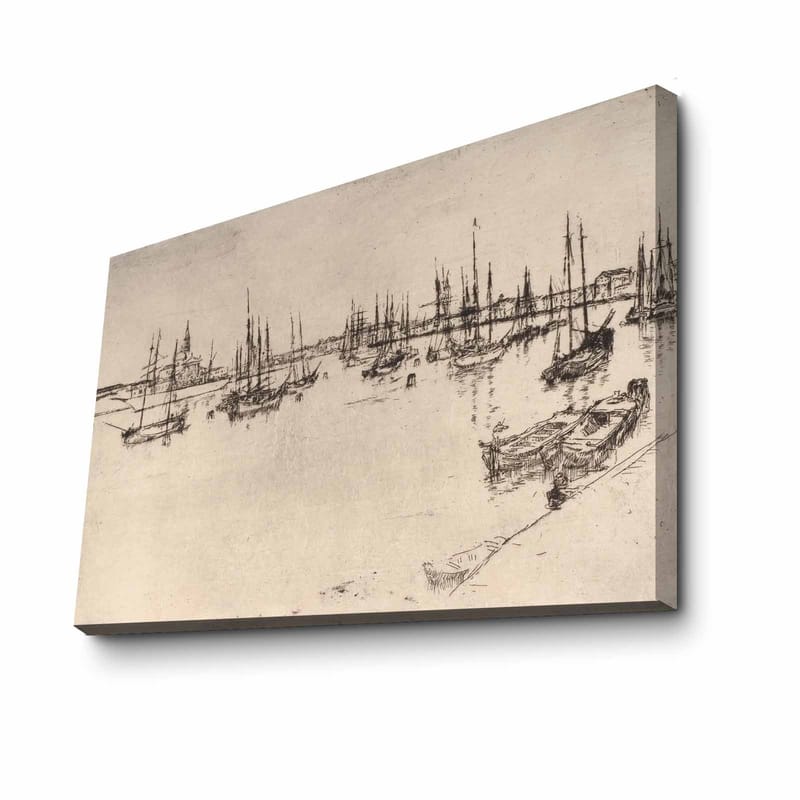 Canvas taulu 70x100 cm - Tyylitelty näkymä satamasta, jossa on veneitä ja mastoja siluetteina - Musta / Beige - Sisustustuotteet - Taulu & taide - Canvas-taulu