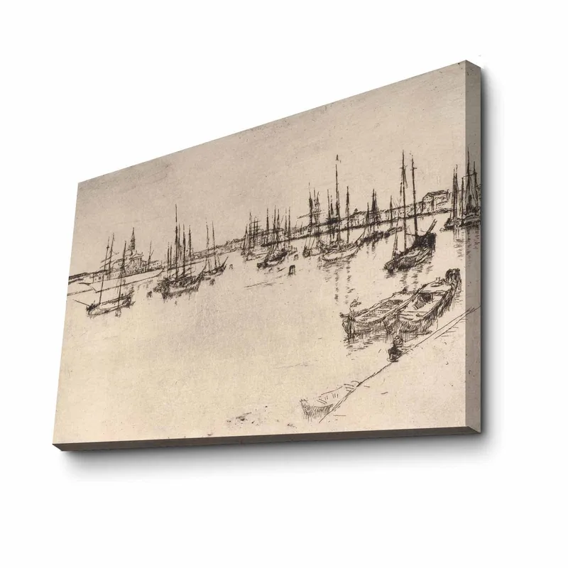 Canvas taulu 70x100 cm - Tyylitelty näkymä satamasta, jossa on veneitä ja mastoja siluetteina - Musta / Beige - Sisustustuotteet - Taulu & taide - Canvas-taulu